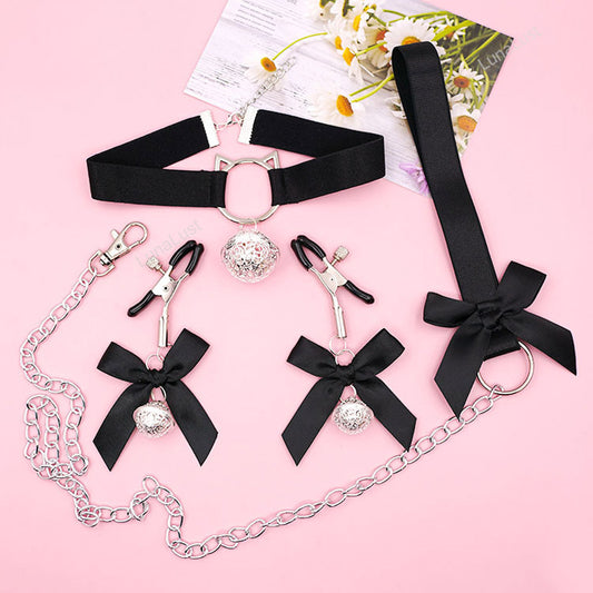Bow Bell BDSM Set – Collar, Nipple Clamps & Leash