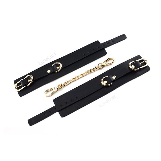 Black Gold PU Leather Handcuffs & Ankle Cuffs