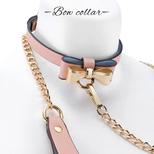 Bow Collar & Gold Chain Leash Set – PU Leather BDSM Choker
