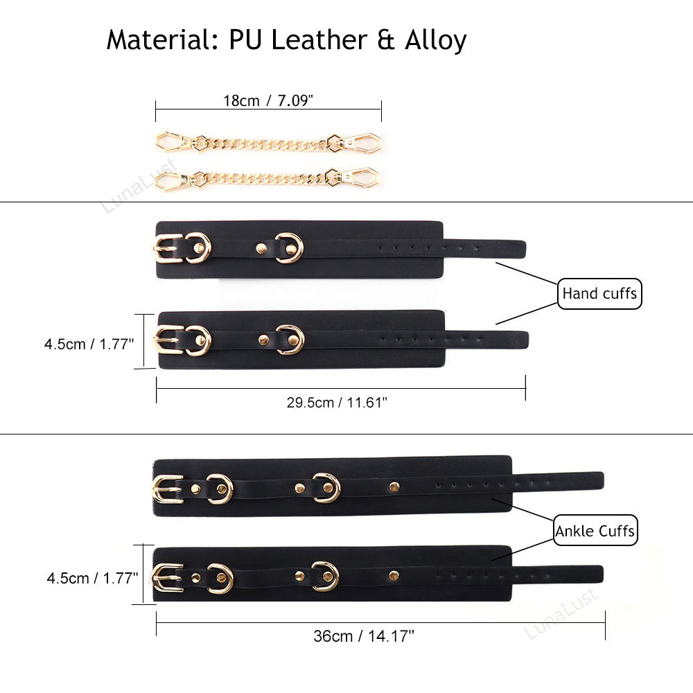 Black Gold PU Leather Handcuffs & Ankle Cuffs