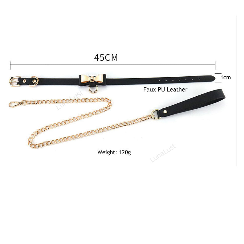 Bow Collar & Gold Chain Leash Set – PU Leather BDSM Choker