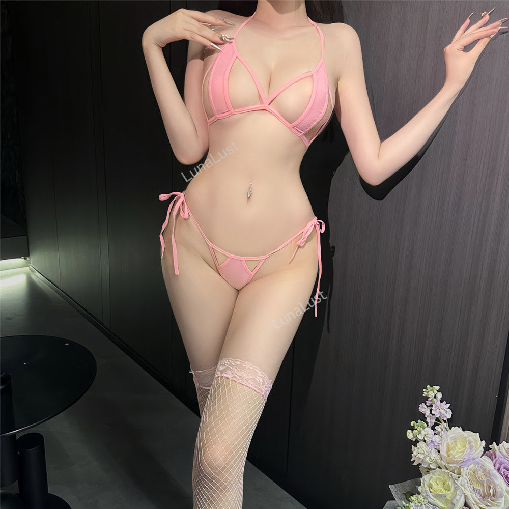 Sexy Strappy Bikini Lingerie Set with Fishnet Stockings