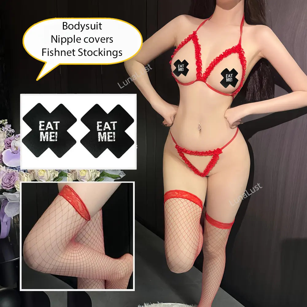 RuffleOpen Bodysuit Set with Nipple Covers & Fishnet Stockings
