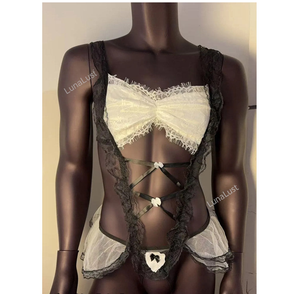 Men's Ruffle Lace Bra & Thong Set | Cross-Strap Corset Lingerie
