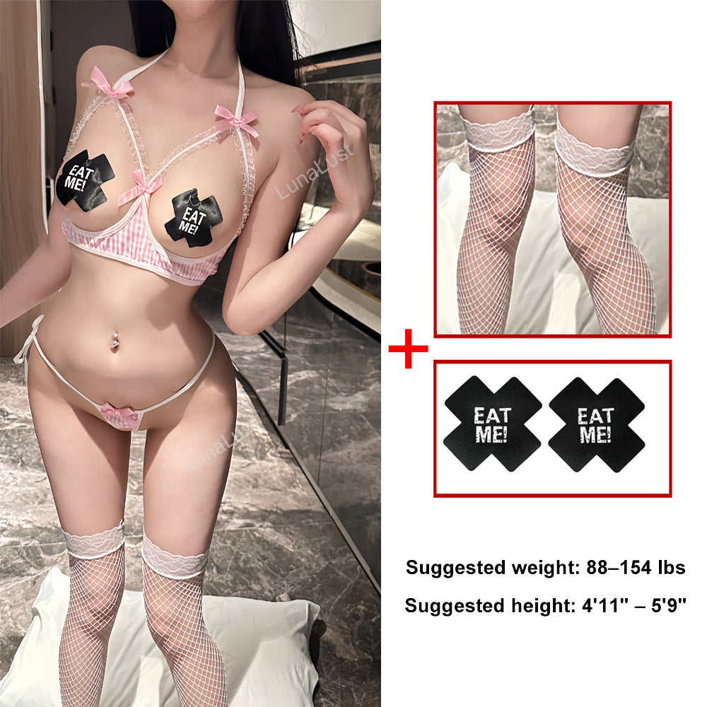 Lace Open-Cup Lingerie Set | Fishnet Stockings & Nipple Covers
