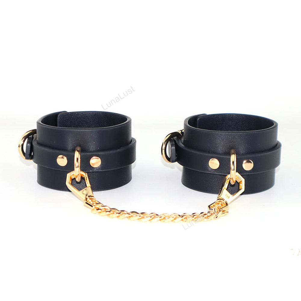 Black Gold PU Leather Handcuffs & Ankle Cuffs