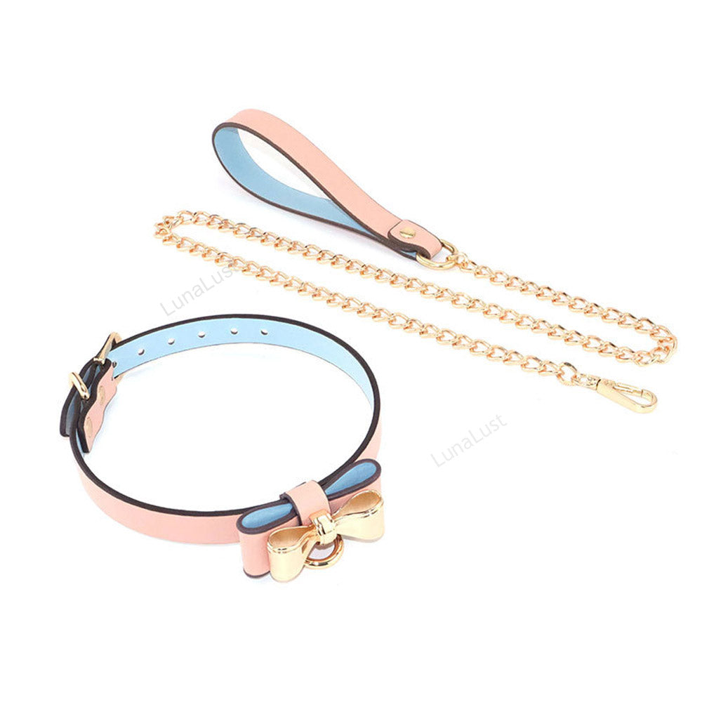 Bow Collar & Gold Chain Leash Set – PU Leather BDSM Choker