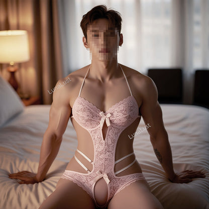 Men's Pink Lace Halter Bodysuit | Cut-Out Corset Lingerie with Bow Detail