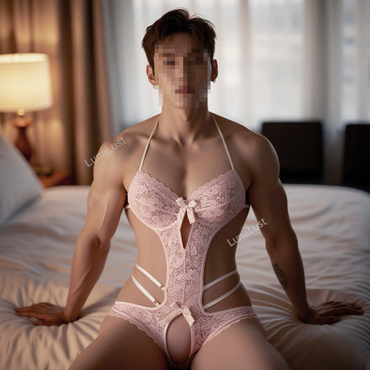 Men's Pink Lace Halter Bodysuit | Cut-Out Corset Lingerie with Bow Detail