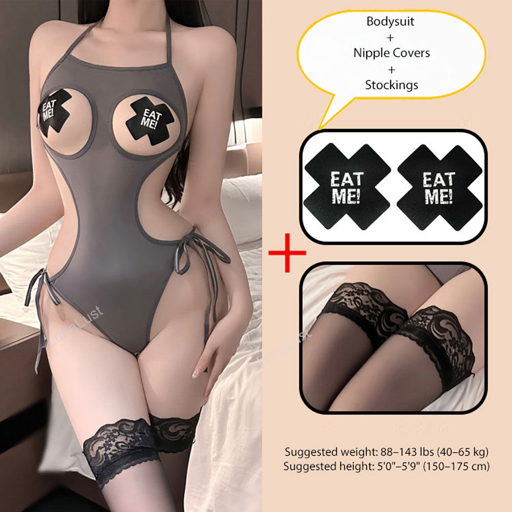 Sexy Open-Cut Bodysuit Set with Nipple Covers & Lace Stockings