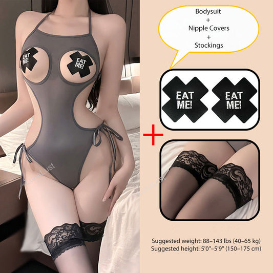 Sexy Open-Cut Bodysuit Set with Nipple Covers & Lace Stockings
