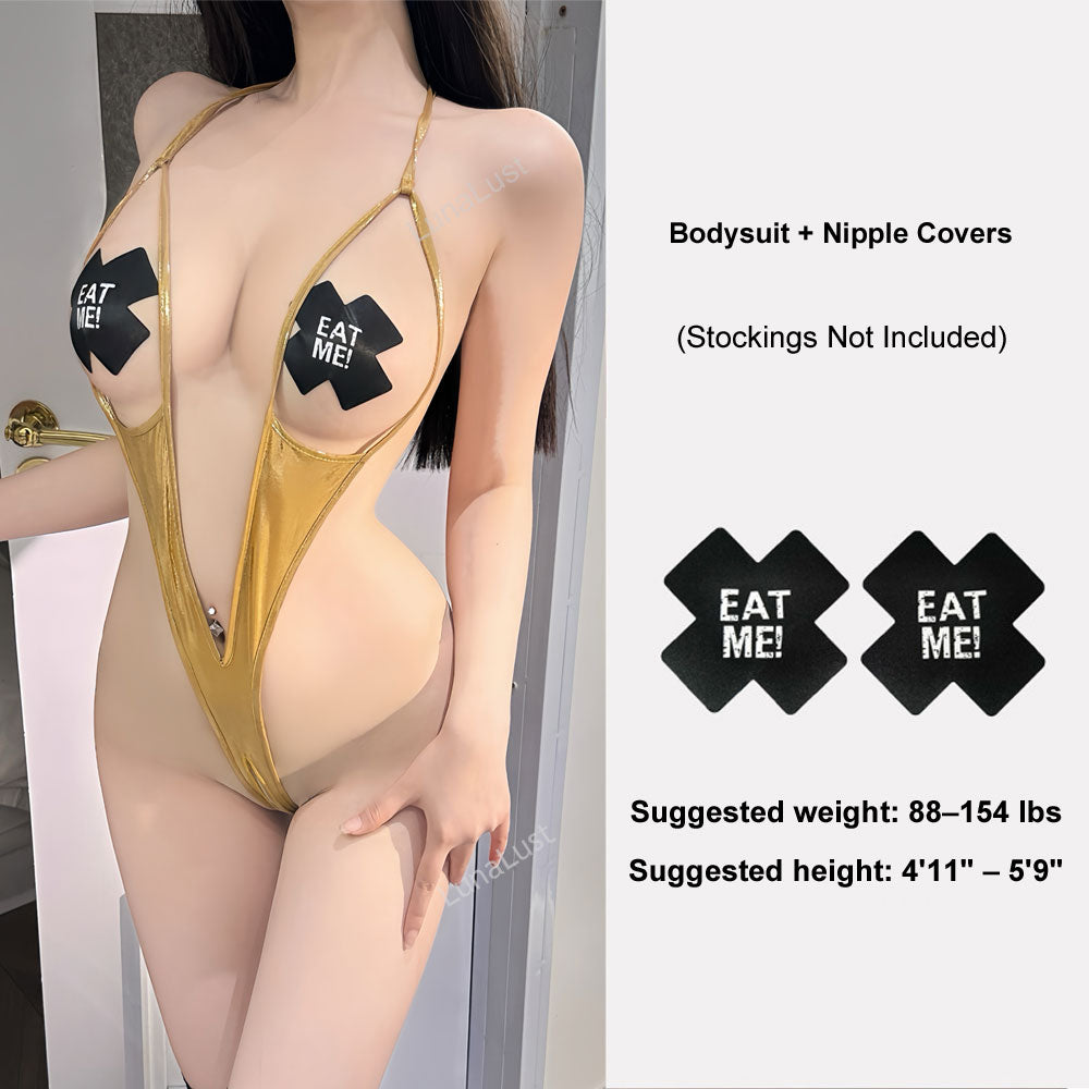 Shiny Metallic Open Crotch Bodysuit Lingerie for Women