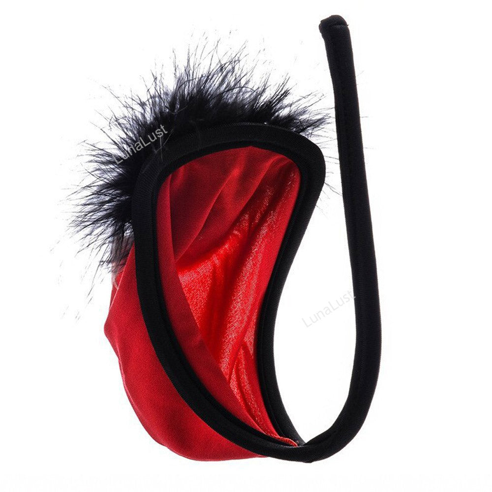 Men's Feather Pom-Pom C-String Thong | Strapless Pouch Underwear