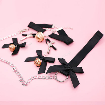 Bow Bell BDSM Set – Collar, Nipple Clamps & Leash