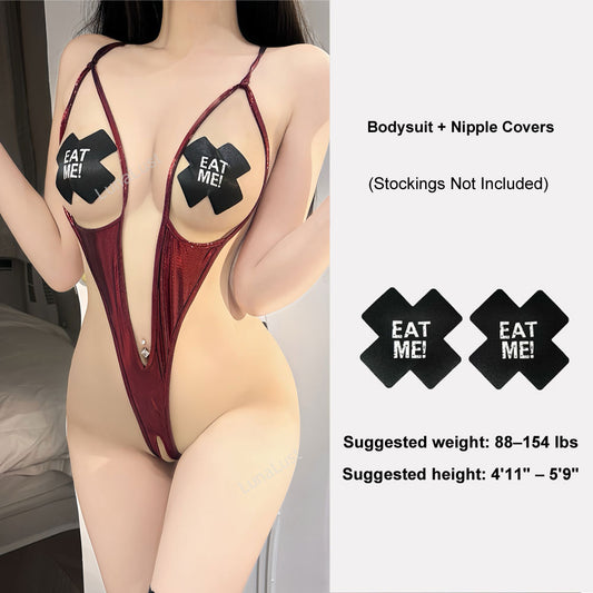 Shiny Metallic Open Crotch Bodysuit Lingerie for Women