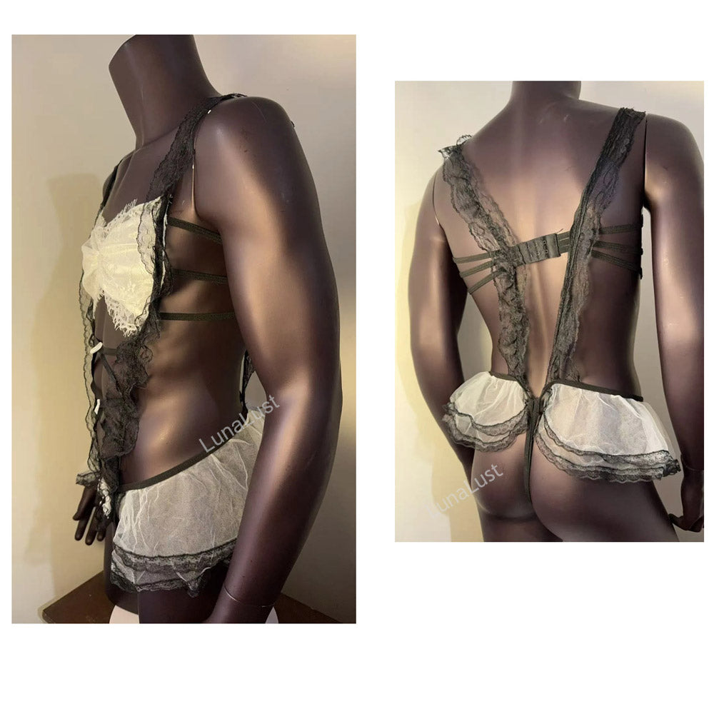 Men's Ruffle Lace Bra & Thong Set | Cross-Strap Corset Lingerie