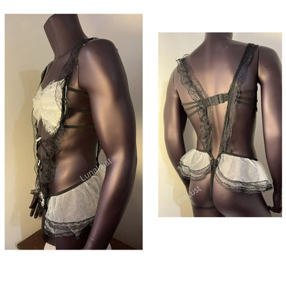 Men's Ruffle Lace Bra & Thong Set | Cross-Strap Corset Lingerie