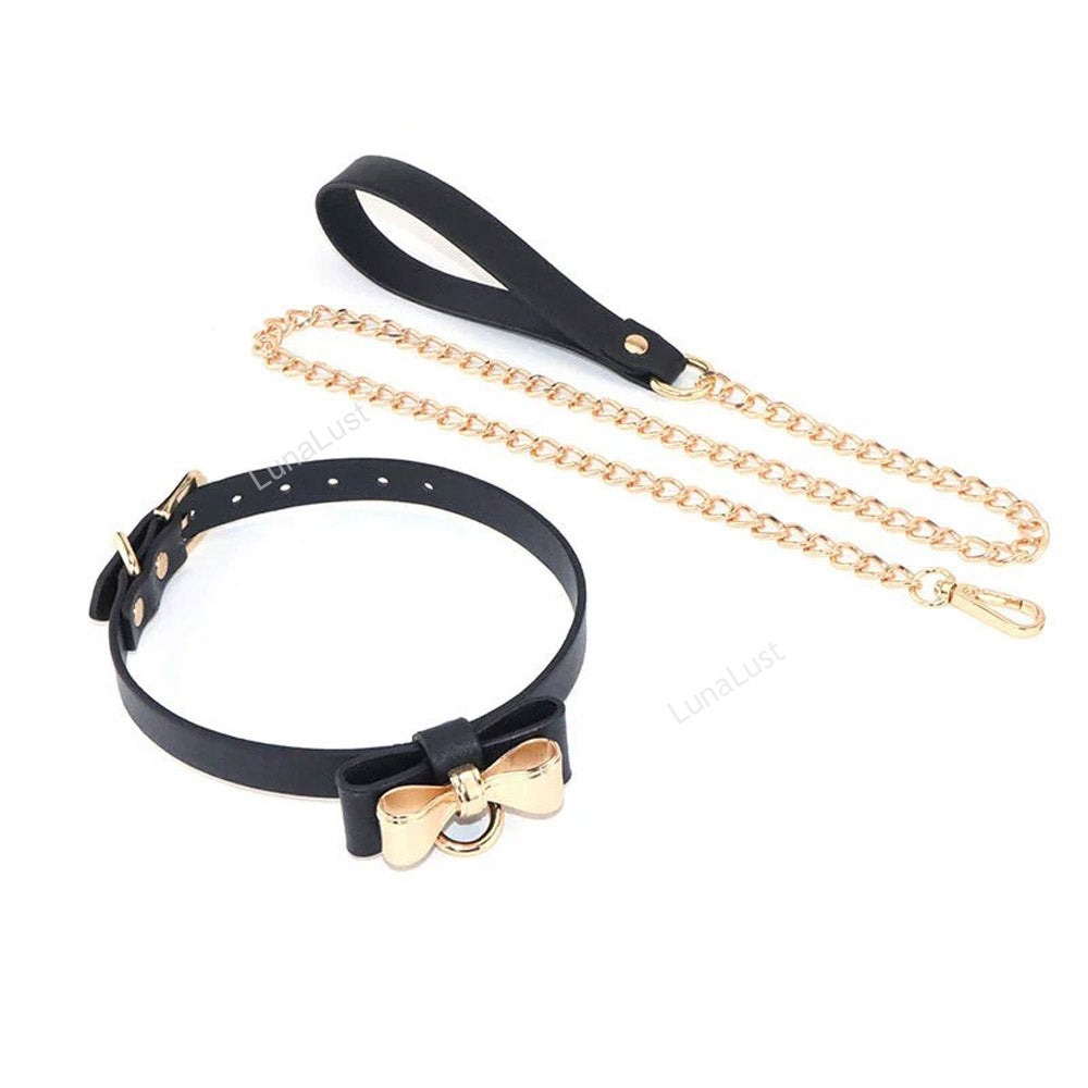 Bow Collar & Gold Chain Leash Set – PU Leather BDSM Choker