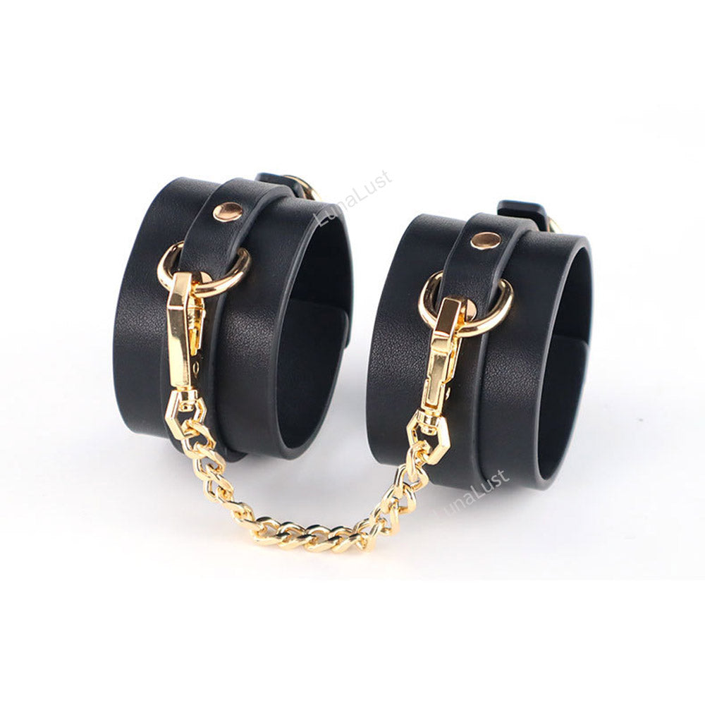 Black Gold PU Leather Handcuffs & Ankle Cuffs