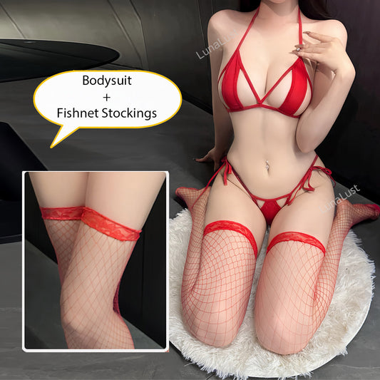 Sexy Strappy Bikini Lingerie Set with Fishnet Stockings