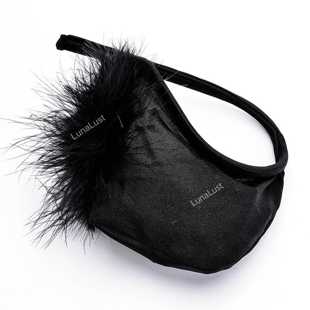 Men's Feather Pom-Pom C-String Thong | Strapless Pouch Underwear