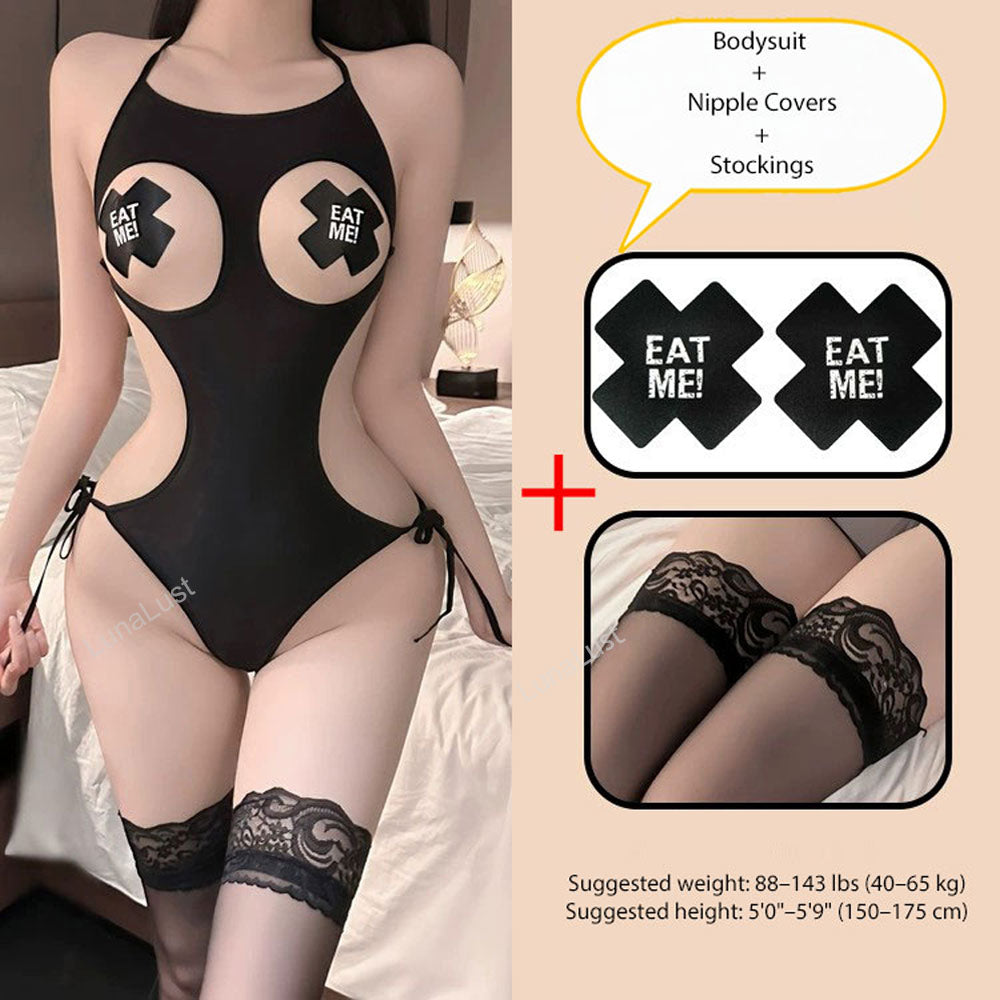 Sexy Open-Cut Bodysuit Set with Nipple Covers & Lace Stockings