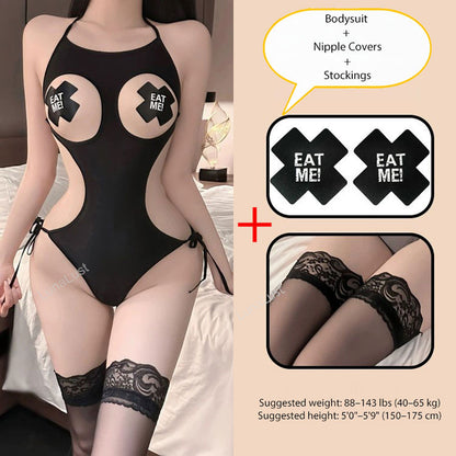 Sexy Open-Cut Bodysuit Set with Nipple Covers & Lace Stockings