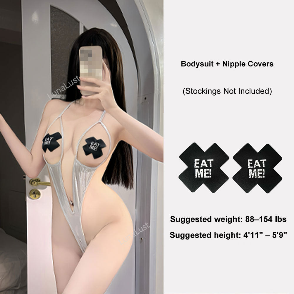 Shiny Metallic Open Crotch Bodysuit Lingerie for Women