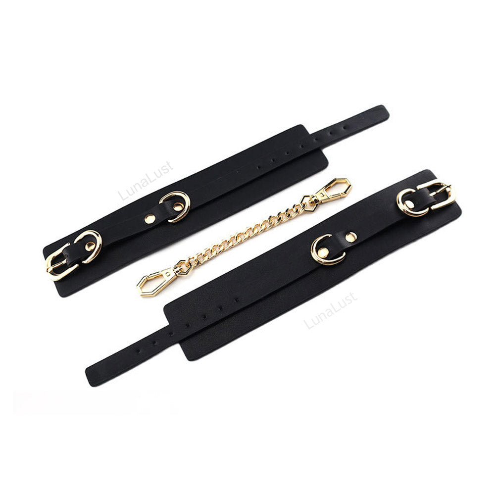 Black Gold PU Leather Handcuffs & Ankle Cuffs