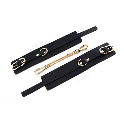 Black Gold PU Leather Handcuffs & Ankle Cuffs