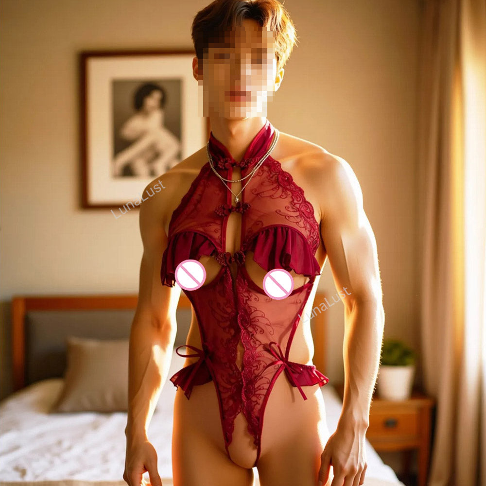 Men's Lace Bodysuit | Open-Chest Halter Lingerie