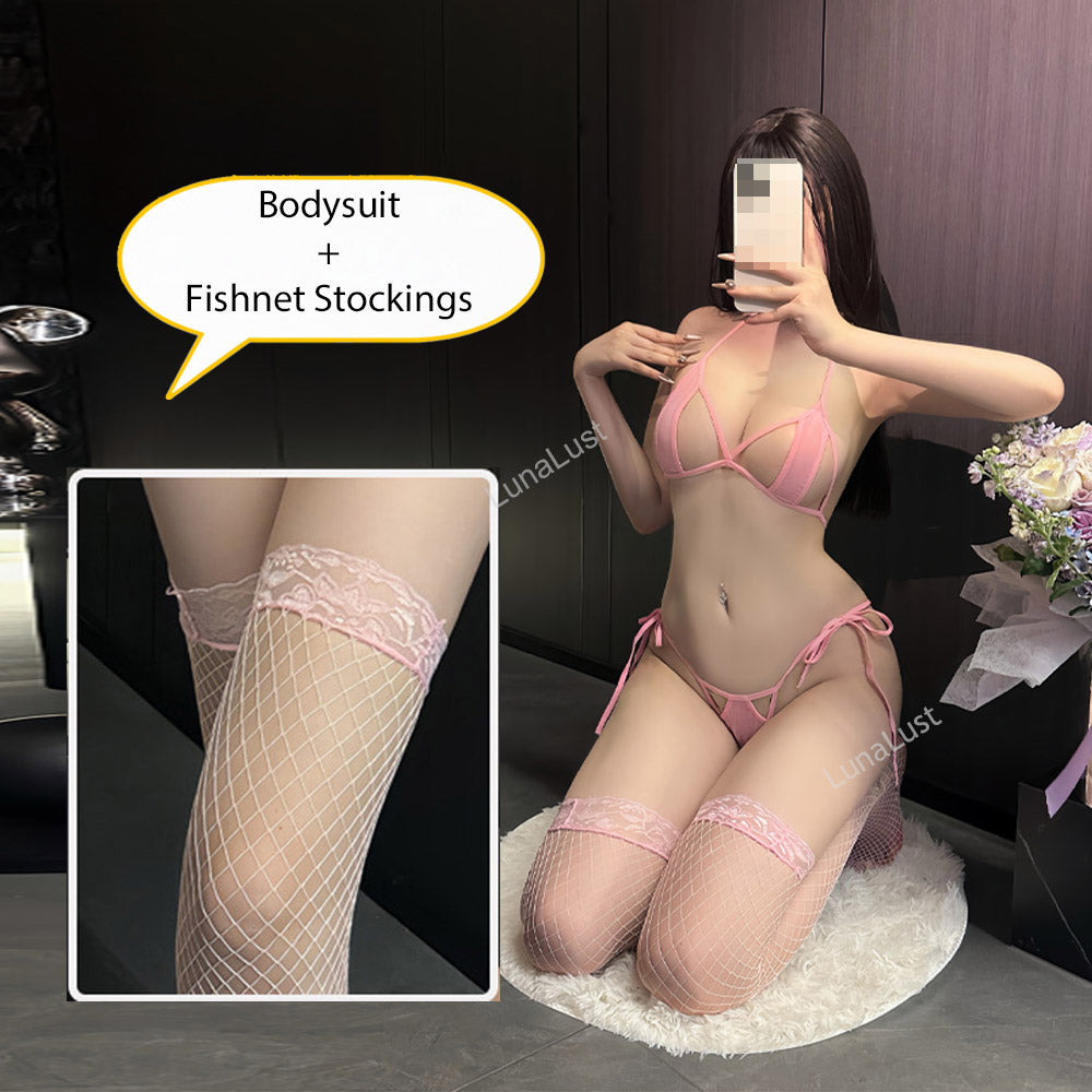 Sexy Strappy Bikini Lingerie Set with Fishnet Stockings