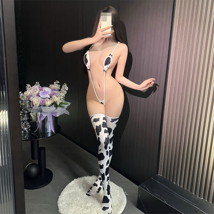 Sexy Lingerie Bodysuit & Cow Print Stocking Set