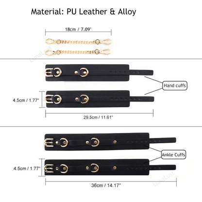 Black Gold PU Leather Handcuffs & Ankle Cuffs