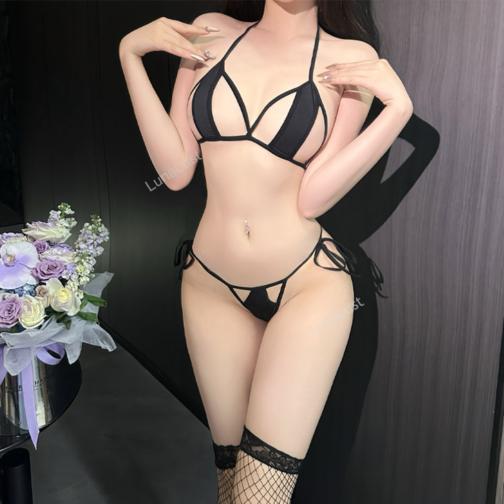 Sexy Strappy Bikini Lingerie Set with Fishnet Stockings