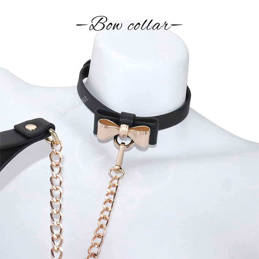 Bow Collar & Gold Chain Leash Set – PU Leather BDSM Choker