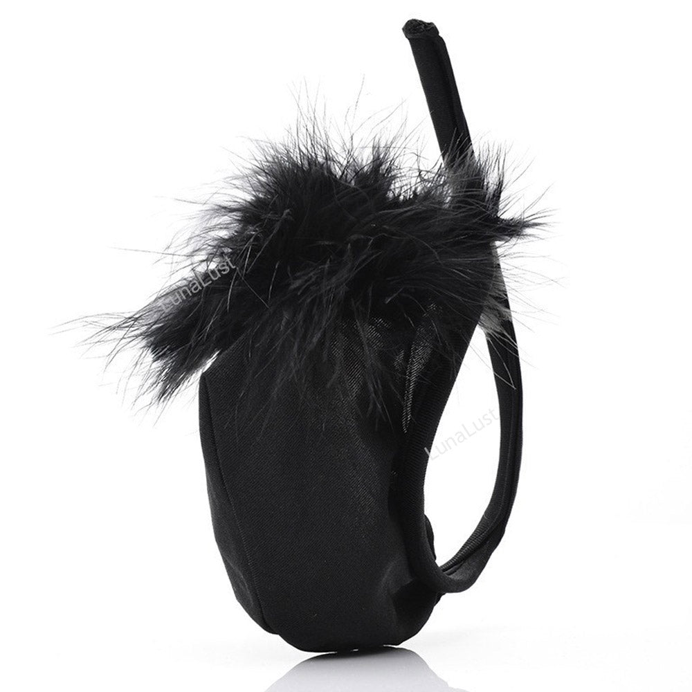Men's Feather Pom-Pom C-String Thong | Strapless Pouch Underwear