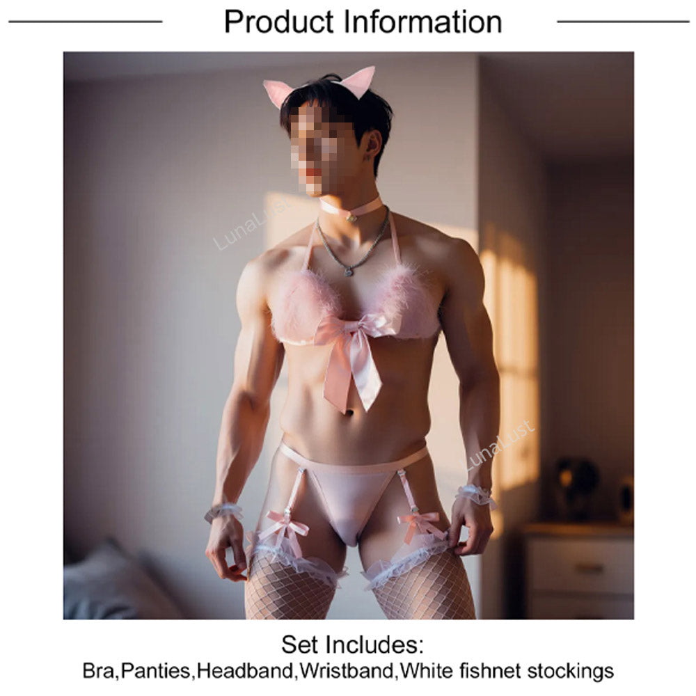Men's Pink Cat Lingerie Set