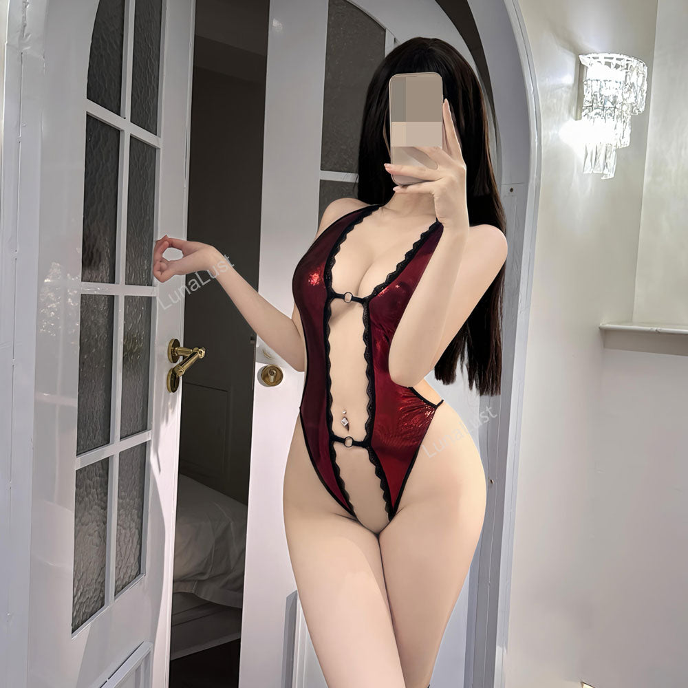 Red Metallic Lace Open-Back Bodysuit – Sexy Halter Lingerie Teddy