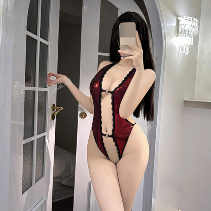 Red Metallic Lace Open-Back Bodysuit – Sexy Halter Lingerie Teddy