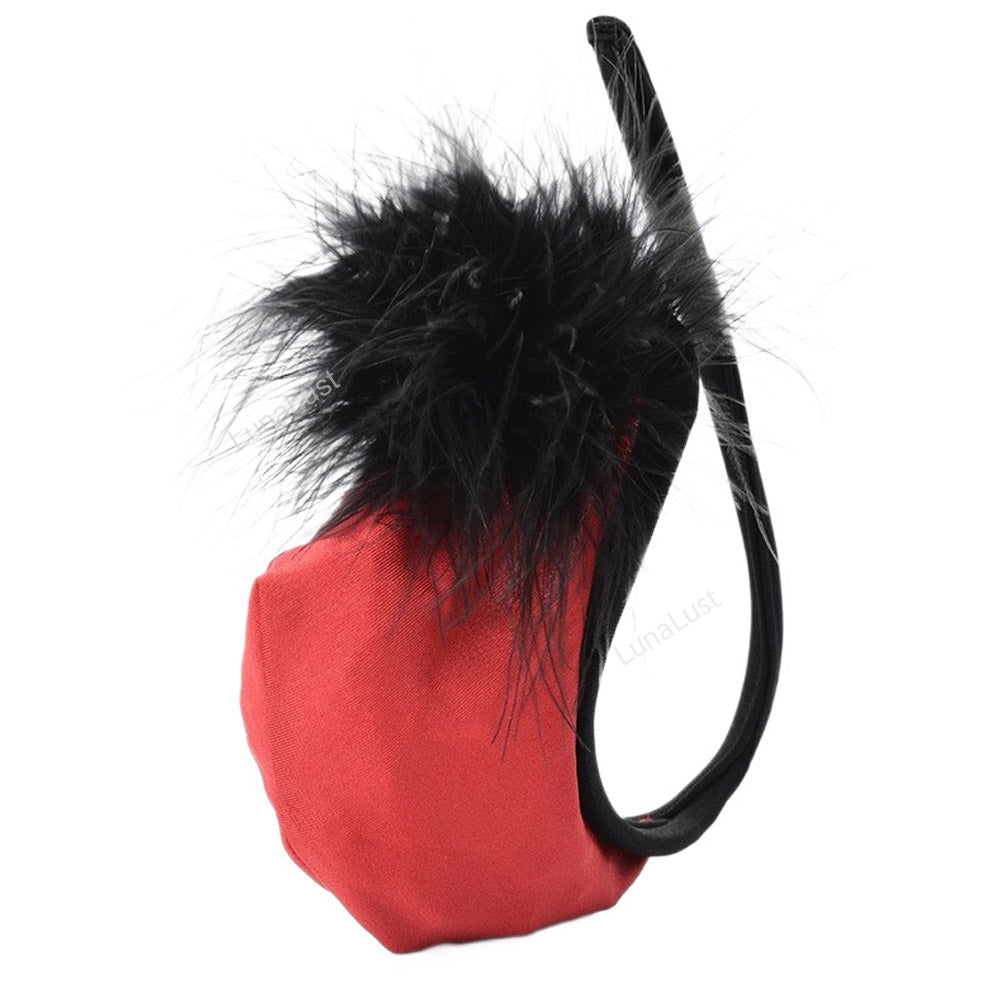 Men's Feather Pom-Pom C-String Thong | Strapless Pouch Underwear