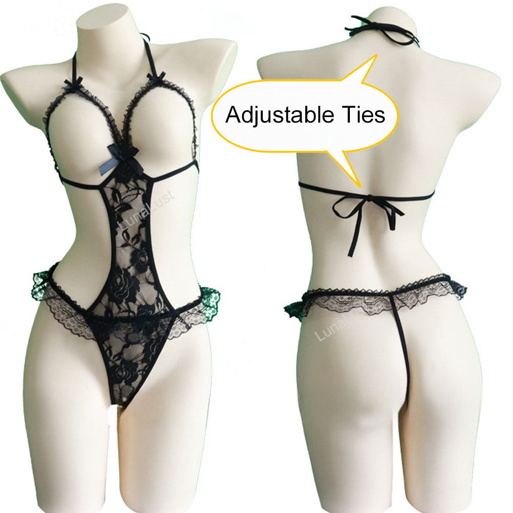 Floral Lace Open-Cup Bodysuit Set with Nipple Covers | Adjustable Tie Design