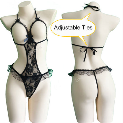 Floral Lace Open-Cup Bodysuit Set with Nipple Covers | Adjustable Tie Design