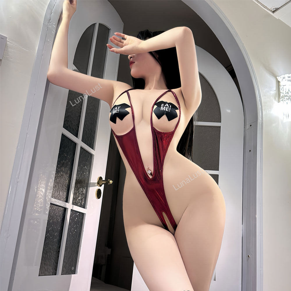 Shiny Metallic Open Crotch Bodysuit Lingerie for Women