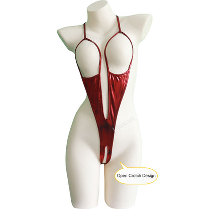 Shiny Metallic Open Crotch Bodysuit Lingerie for Women