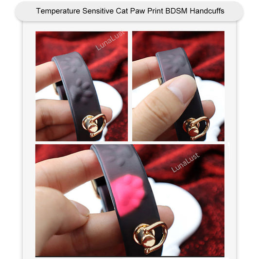 Temperature sensitive cat paw print BDSM handcuffs.