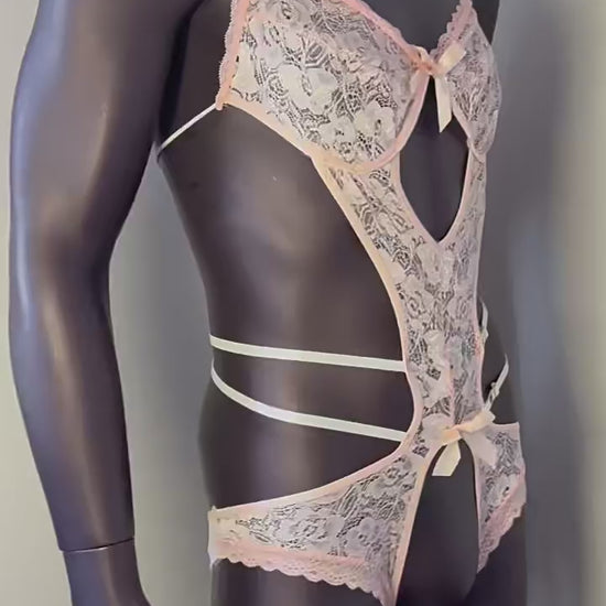 Men's Pink Lace Halter Bodysuit | Cut-Out Corset Lingerie with Bow Detail