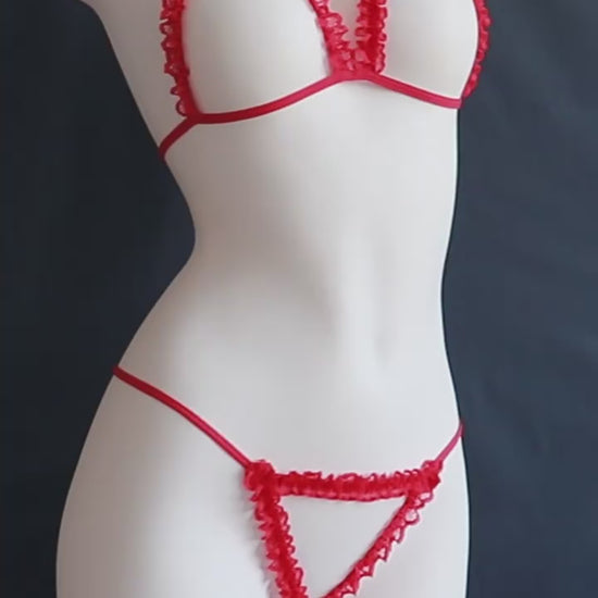 RuffleOpen Bodysuit Set with Nipple Covers & Fishnet Stockings