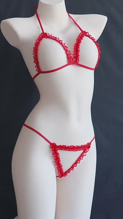 RuffleOpen Bodysuit Set with Nipple Covers & Fishnet Stockings