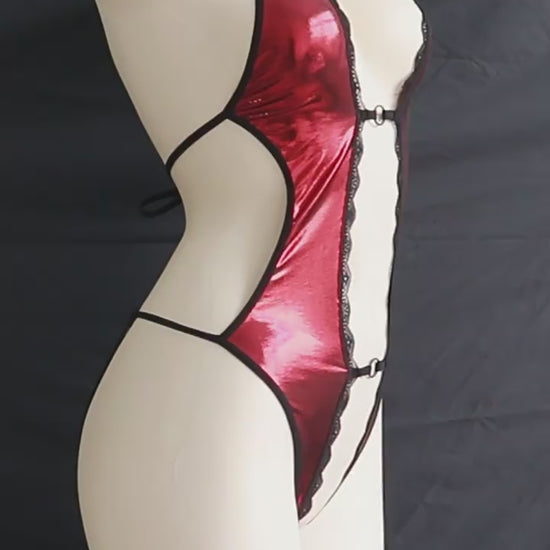 Red Metallic Lace Open-Back Bodysuit – Sexy Halter Lingerie Teddy